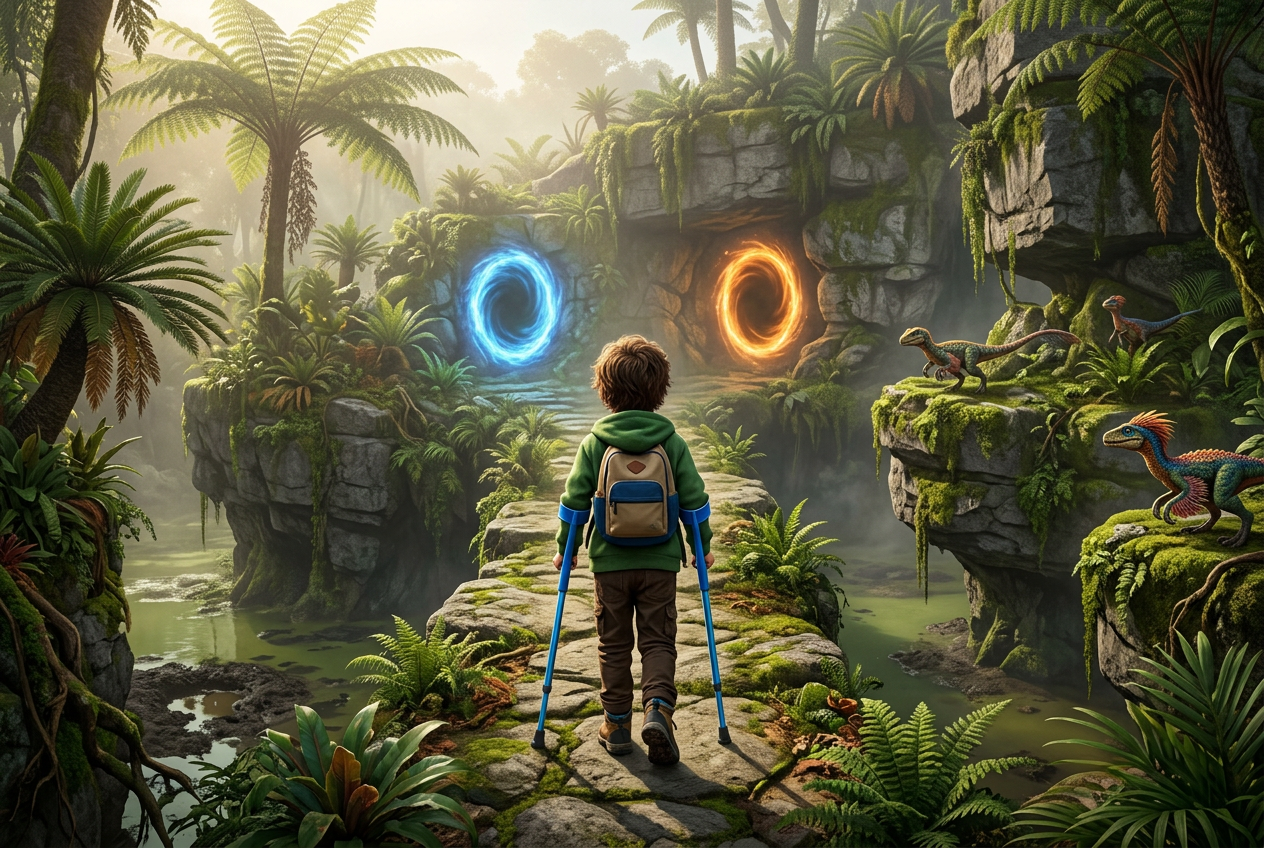 A child on forearm crutches looks at a blue and an orange portal across a misty Cretaceous swamp.